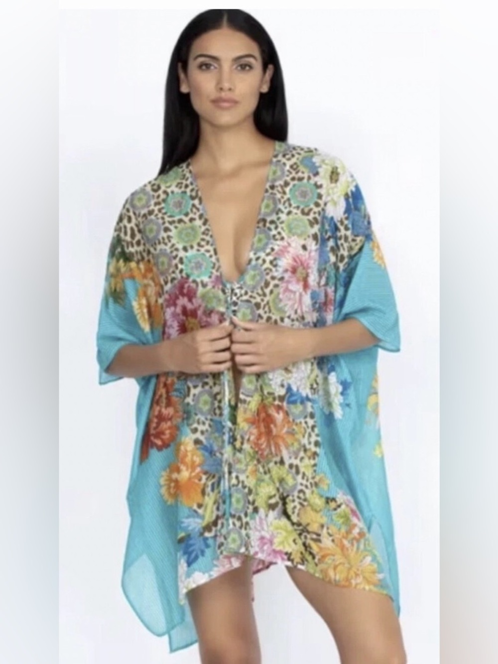 Johnny Was Silk Blend Floral Leopard Tassel Tie Kimono Boho L/XL